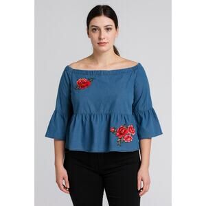 A.N.A Denim Off Shoulder Blouse with Floral Embroidery – Size Large – 3/4 sleeve